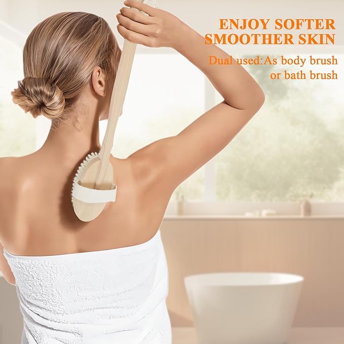 SAMEBUTECO Dry Brushing Body Brush Set with Long Handle, Natural Boar Bristle Body & Face Brush, Wooden Detachable Scrub Brush, 3 Brush Heads for Exfoliating & Body Care