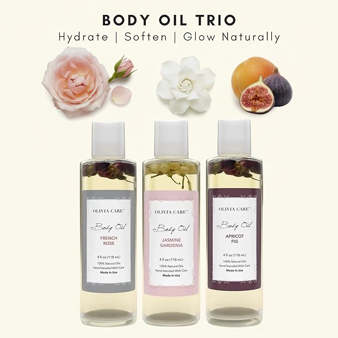Olivia Care 3 Pack Body Oils: Apricot Fig, French Rose, Jasmine Gardenia - Natural Perfume Oils For Women & After Bath Oils Body Moisturizers, Rich in Vitamin E, K, & Omega (3 Scents)