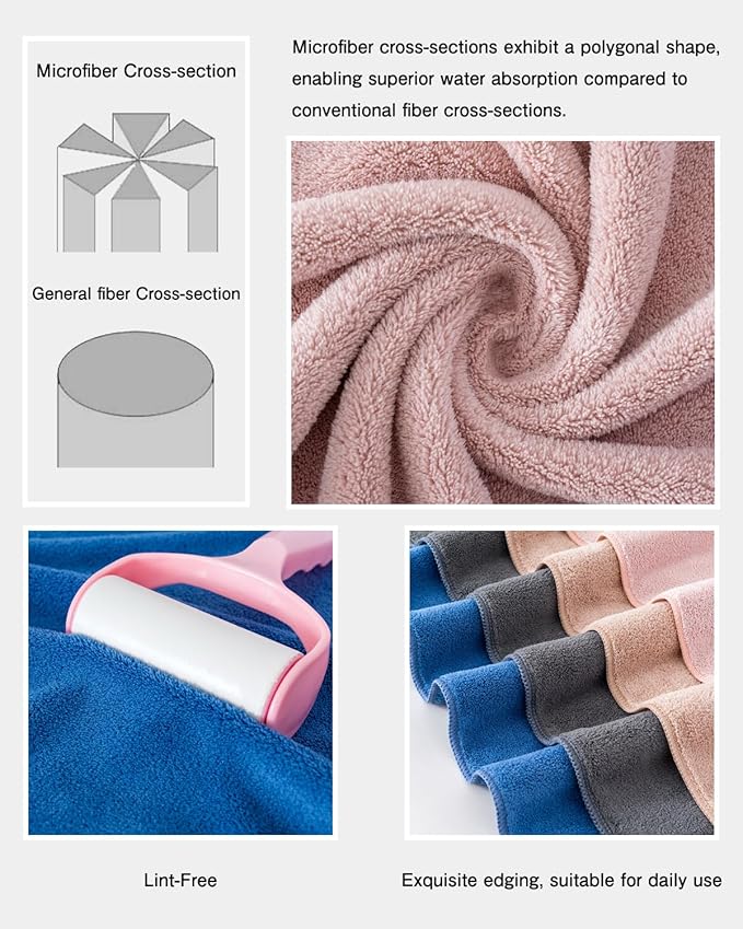 sakano 6-Piece Colorful Microfiber Bath Towel Set - Fast-Drying, Super Absorbent & Non Shedding Towels for Family, Gym, Spa and Salon -Pink+Dark Gray+Blue, 28x57 Inches