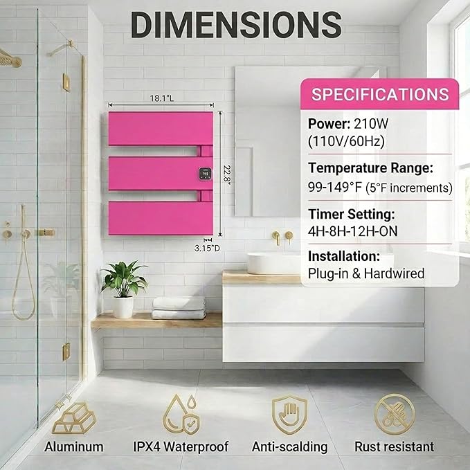 Electric Towel Warmer, Heated Towel Rack with Thermo Control and Timer, Fast Heating Towel Rail for Bathroom with Memroy Function, Work with Smart Plug, Right-Wiring, 3 Panel, Pink