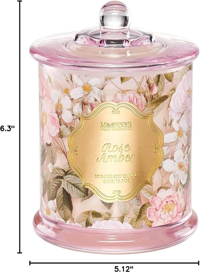 M&SENSE Rose Amber Floral Soy Candle, 2-Wick 12.7oz 75H Non-Toxic Organic Jar Candle, Romantic Aromatherapy, Perfect Present for Mom Her