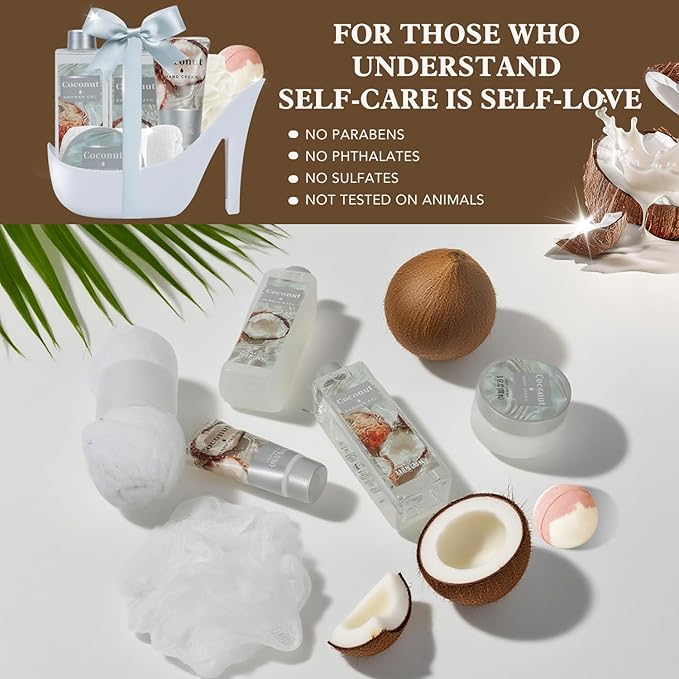 Soothing Coconut Spa Treasures for Women, 8 Piece Gift Set, Designed for beautys, Spa Gift Baskets for Her, Calming Wellness Bundle with Body Butter, Shower Gel, Best gift for lover