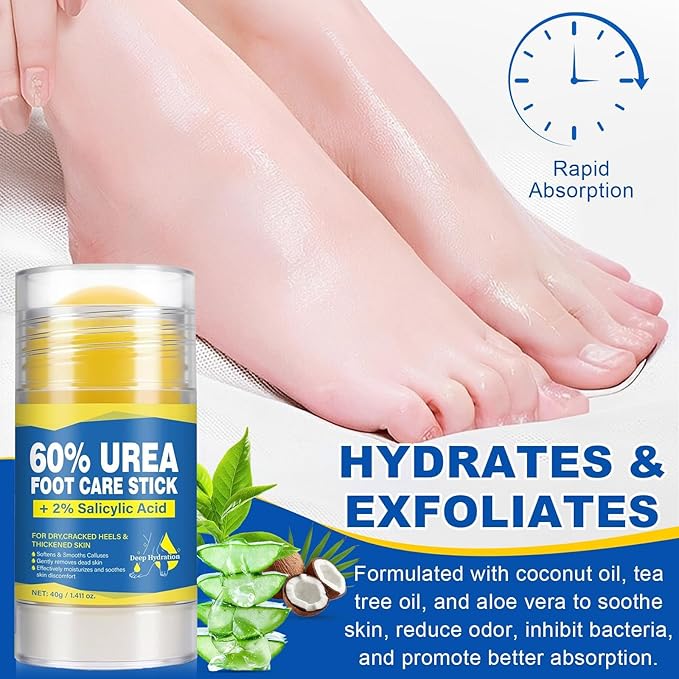 60% Urea Stick with 2% Salicylic Acid, Moisturizer for Dry Cracked Feet, Knees, Elbows & Hands, Exfoliating Softener, Cracked Feet and Callus Removal - 1.41 Oz (2pcs)