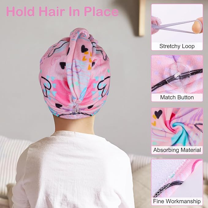 Basumee Microfiber Hair Towel Wrap for Kids 2 Pack Rapid Drying Hair Towel with Button Hair Turbans for Wet Hair Wraps Head Towel Wrap for Women and Girls, Blue