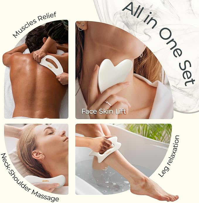 Scienlodic 4 Pcs Gua Sha Massage Tools for Face & Body (White, Resin) - Guasha Scraping Tool for Jawline Contouring, Puffiness Reduction, Neck, Back, Legs & Muscle Relaxation
