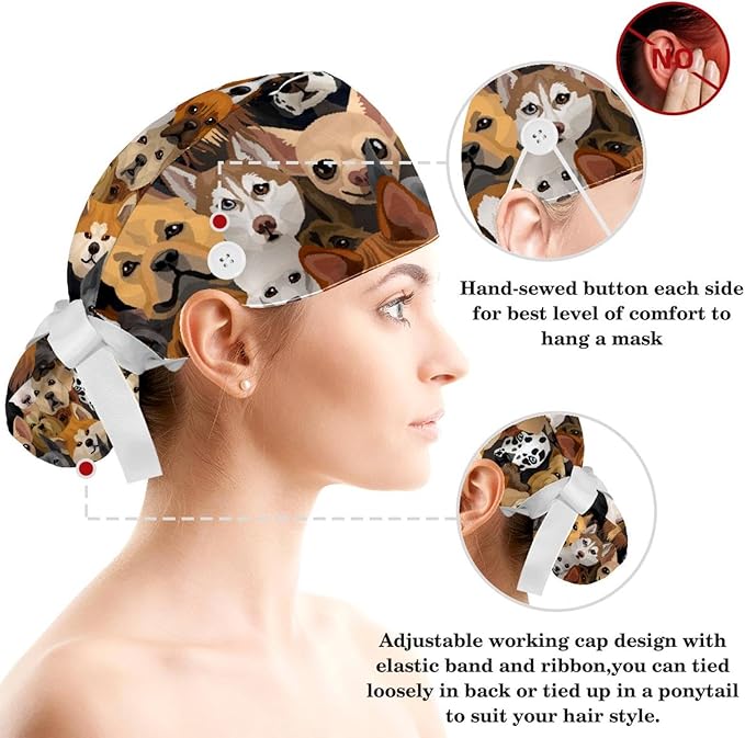 Adjustable Brown Dachshund Dog Blue Surgical Scrub Cap with Button,Sweatband for Women with Bow Hair Scrunchy