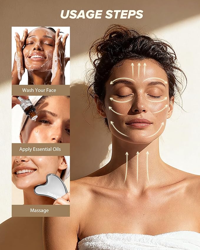 Coralogo Stainless Steel Gua Sha Tools - 4pc Skin Care Tools Set with Gua Sha Oil, Soap, Muscle Scraper for Face Massaging Body Relaxing, Self Care Gift for Her Birthday Mother's Day