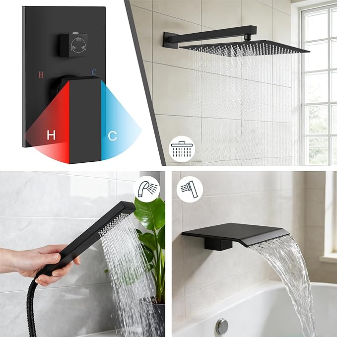 Midanya Shower System with Tub Spout,Bathtub Shower Faucet Set with Square Rainfall Head and Handheld Sprayer Wall Mount Tub Faucet Set with Valve and Trim Kit,16 Inch Matte Black