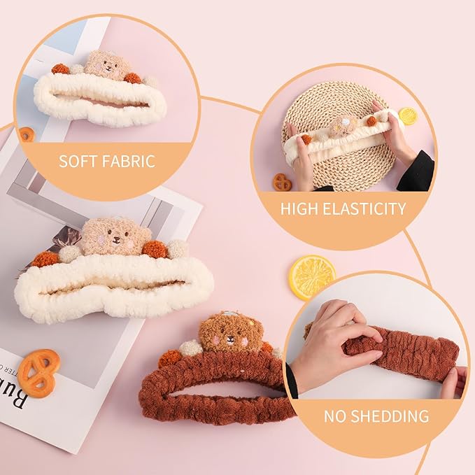 PERFECTSIGHT Spa Headband for Washing Face, 2 Pack Cute Hair Band for Shower Yoga Beauty Skincare Party, Soft Fluffy Makeup Headband, Kawaii Facial Headbands for Woman Girls, Bear