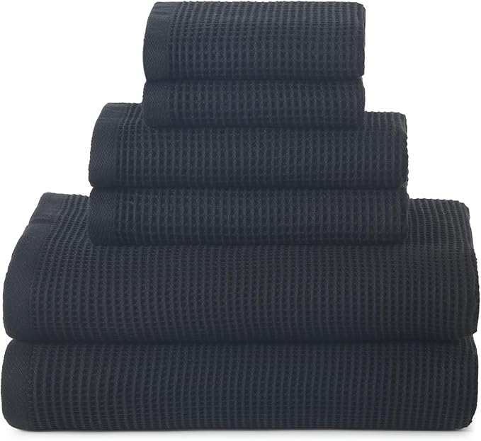ecolook 6-Piece Towel Set, 100% Cotton, 31“x63” | 2 Bath Sheets, 2 Hand Towels, 2 Washcloths | Ultra-Soft, Absorbent, Quick-Dry Waffle-Weave Towels for Home, Hotel, Spa, Gym - Black