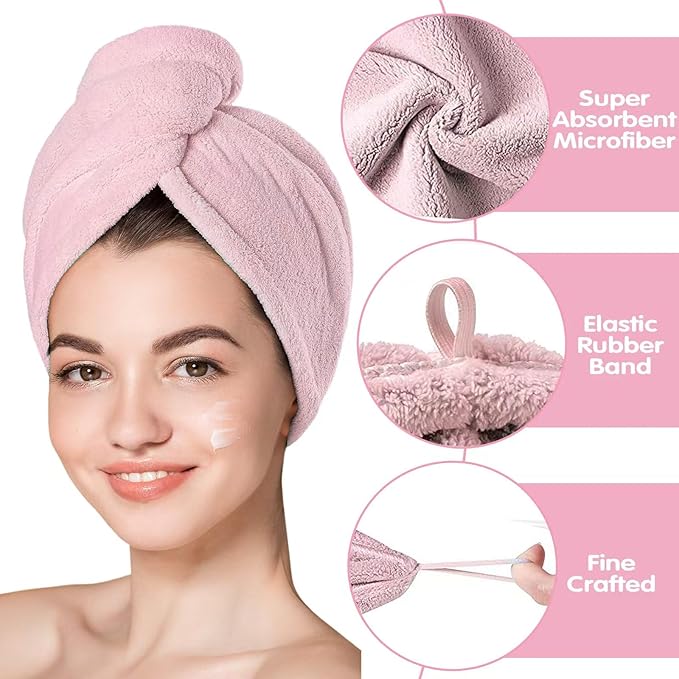 3 Pack Microfiber Hair Towel Wrap for Women, Fast Drying Hair Turban with Button, Anti-Frizz Large Hair Towel for All Hair Styles, Soft & Absorbent Hair Drying Towel