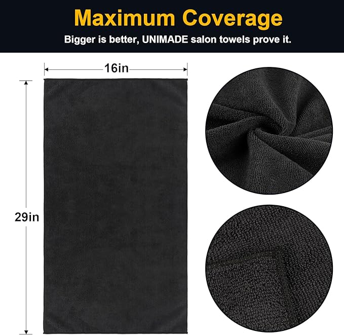UNIMADE Salon Towels 2 Pack, Microfiber Barber Towels Bulk, (16x29 inches) Hair-Drying Cloth Super Soft Black Hand Cloth for Gym, Bath, Spa Use and Home Beauty Care(Not Bleach Proof)