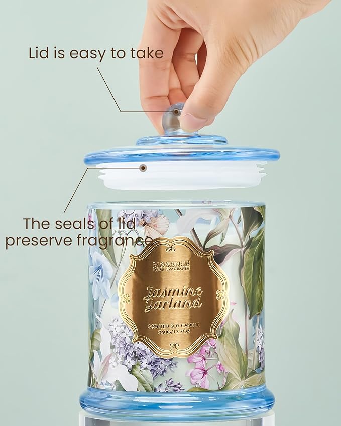 M&SENSE Jasmine Garland Spring Natural Soy Candle, 12.7oz 75H Slow Burning Floral Scented Candle, Home Aromatherapy, Perfect Present for Mom Her