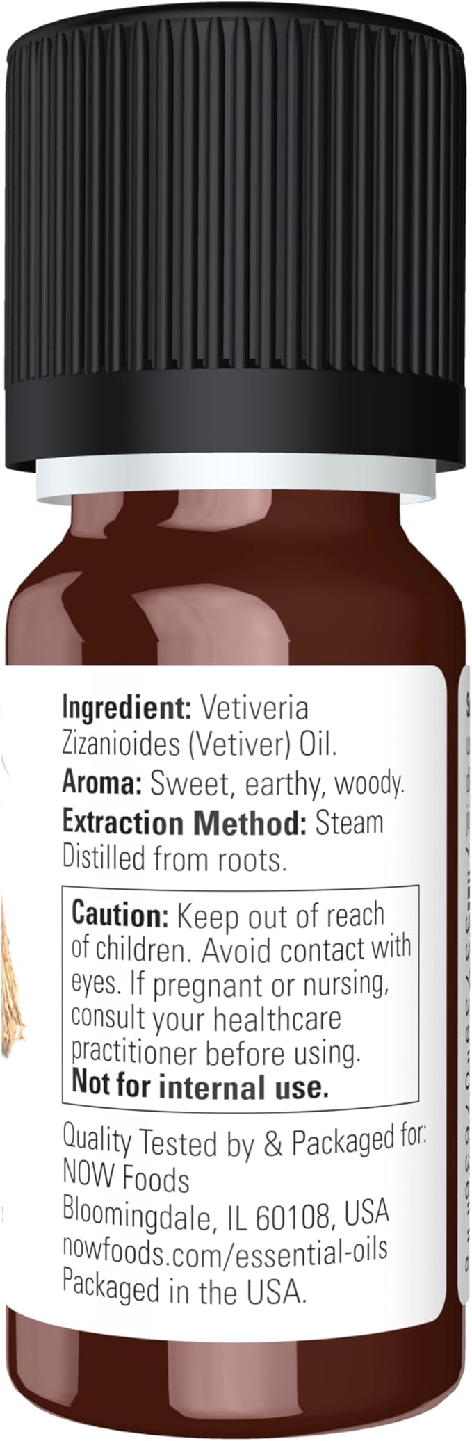 NOW Essential Oils, Vetiver Oil, Woodsy Aromatherapy Scent, Steam Distilled, 100% Pure, Child Resistant Cap, 10-mL