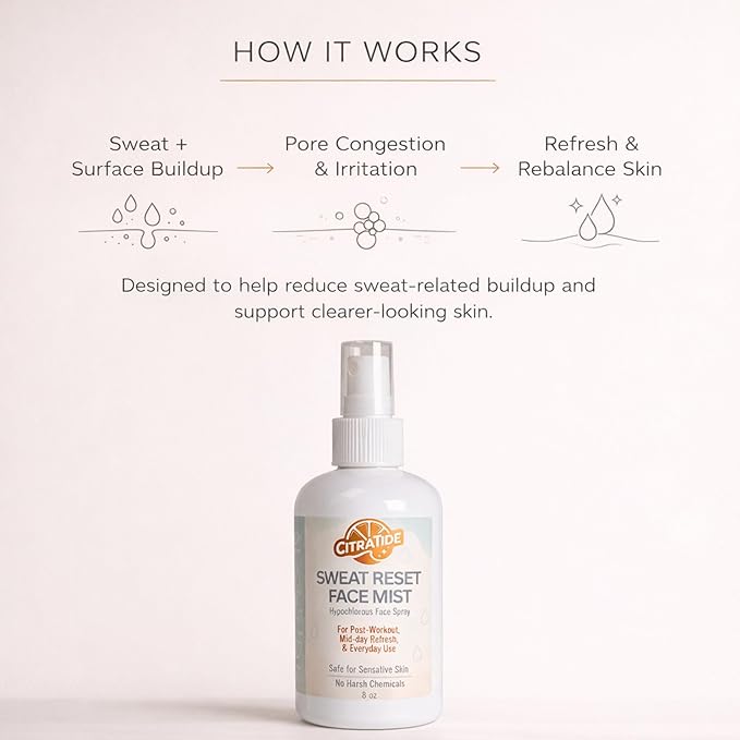 Sweat Reset Face Mist, 8 oz – Clarifying Hypochlorous Facial Spray for Acne-Prone, Oily & Sensitive Skin, Post Workout Cooling Mist for Clear-Looking Skin