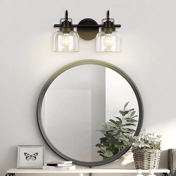 2 Lights Bathroom Vanity Light, Bronze Modern Wall Light Fixtures Over Mirror, Industrial Wall Sconce with Clear Glass Shade, Farmhouse Wall Sconce for Bedroom, Living Room, Hallway(Exclude Bulb)