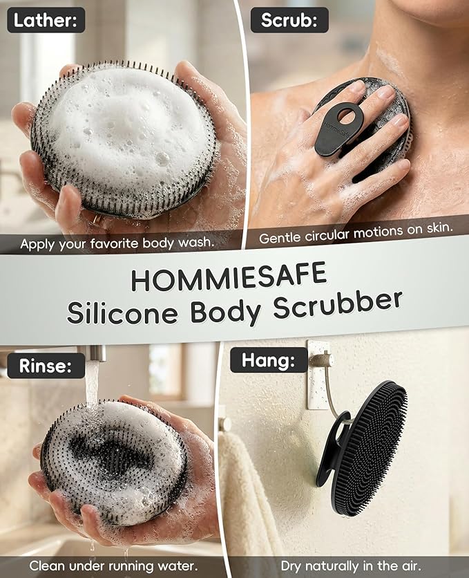 4 Pack Soft Silicone Shower Brush Body Wash Bath Exfoliating Skin Massage Scrubber, Dry Skin Brushing Glove Loofah, Fit for Sensitive and All Kinds of Skin(2Pack Black+Mint+Blue)