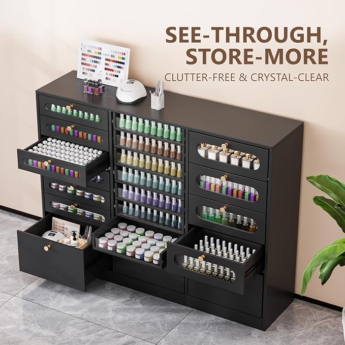 OmySalon Nail Polish Organizer Cabinet with Drawers, 47.2" L Large Nail Salon Storage for Polish & Powder, 7 Clear & 10 Visual Drawers, Wooden Beauty Salon Furniture (Black)