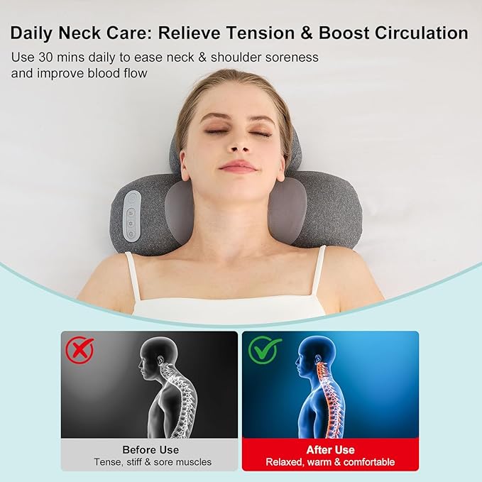 3-in-1 Neck Massager Pillow with Heat, 2-Speed Adjustable Deep Tissue Kneading Massage, Rechargeable Traction Massager for Home Office Travel