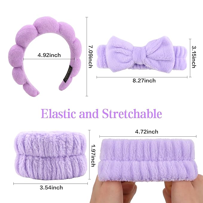 Purple Spa Headband and Wristband Set, 6 PCS Microfiber Skincare Hair Band with Bow & Cloud Design, Soft Elastic Face Washing Accessories for Makeup, Shower Routine