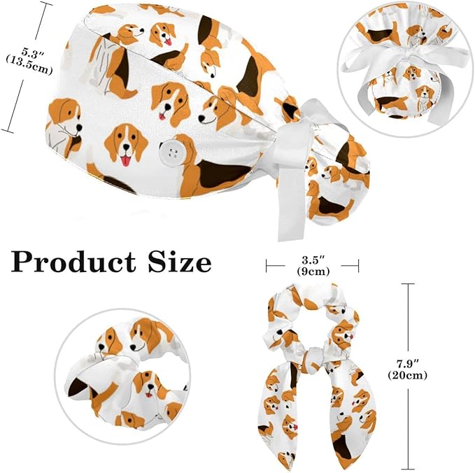 Adjustable Brown Dachshund Dog Blue Surgical Scrub Cap with Button,Sweatband for Women with Bow Hair Scrunchy