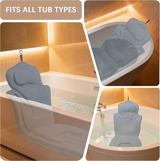 Ergonomic Full Body Bath Pillow for Bathtub, 5D Luxury Spa Cushion with 114 Non-Slip Suction Cups, Extra Long Thick Bath Pillow for Full Body Support, for Adult with Laundry Bag & Hook