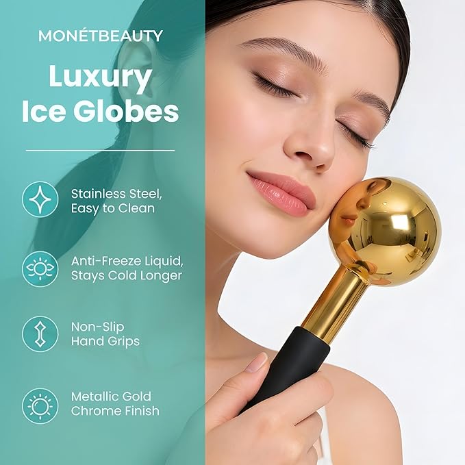 MonétBeauty Stainless Steel Ice Globes for Facials (Gold Black Handle), Durable Cryo Globes Instantly Reduce Puffiness, Tighten Pores & Sinus Relief, Face Globes Facial Massages & Daily Beauty Routine