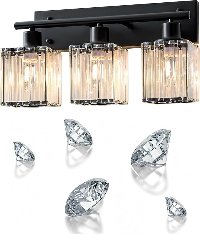 Bathroom Light, 3-Light Modern Crystal Vanity Light, Bathroom Lighting Fixtures Over Mirror Wall Sconces for Powder Room, Living Room, Bedroom, Hallway (Included 3 E26 Bulbs)