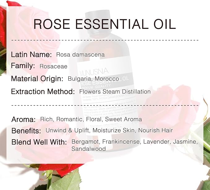 Rose Essential Oil 100ML, 100% Pure Natural Rose Oil for Hair Face Skin Care, Premium Grade Essential Oils for Diffuser, Skin, Care Massage, Yoga, Bath, Soap and Candle Making