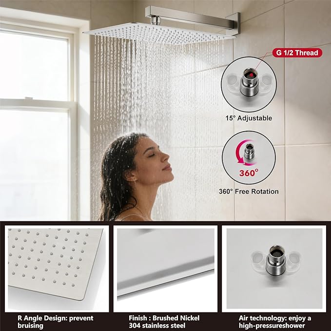 Midanya Shower System with Tub Spout,Bathtub Shower Faucet Set with Square Rainfall Head and Handheld Sprayer Wall Mount Tub Faucet Set with Valve and Trim Kit,16 Inch Brushed Nickel