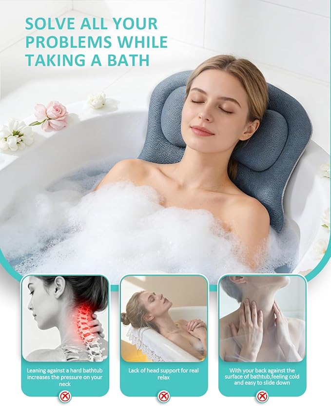Full Body Bath Pillow for Bathtub, 5D Thick Tub Pillow for Bathtub with 192 Non-Slip Suction Cups, Laundry Bag & Hook, Bathtub Pillow for Head, Neck & Back Support (Misty Blue, 51"*15")