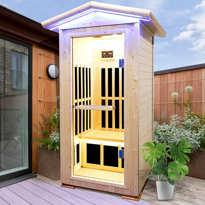 OUTEXER Outdoor Sauna Wooden Far Infrared Saunas Spa 1550W Low-EMF Dry Sauna Room for One Person Finland Spruce Wood