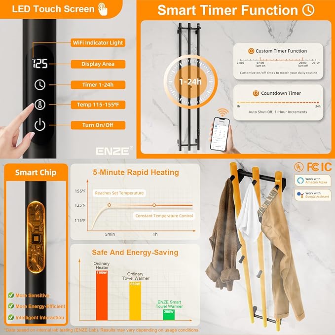 ENZE Smart Heated Towel Rack, Wall Mounted Electric Towel Warmer 220W for Bathroom, WiFi App Control & LED Touch Screen, Adjustable Temp & 24H Timer, Vertical Model, IPX5, Plug-in/Hardwired, Black