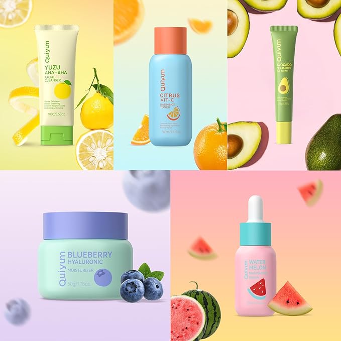 QUIYUM Fruit Skincare for Teens, 5 Daily Routine Beauty Skin Care Sets - Exfoliating, Smooth, Clean, Oil Control, Firm, Hydrating, Glow Up, Facial Skincare Gift Set for Girls Women, for All Skin Types