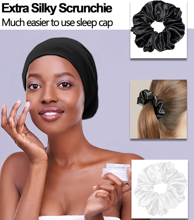Sleep Cap Bonnet for Sleeping Black Women, Adjustable Cooling Ice Silk Lined Bonnet for Curly Braids Hair Cover Beanie Hat