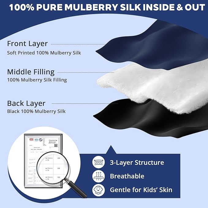 Kids Silk Sleep Mask: 100% Mulberry Silk Eye Mask with Adjustable Strap, Soft Blackout Boys Girls Sleeping Mask, Cute Printed Blindfold for Travel/School/Bed, Gift for Ages 5–15 (Alien Style)