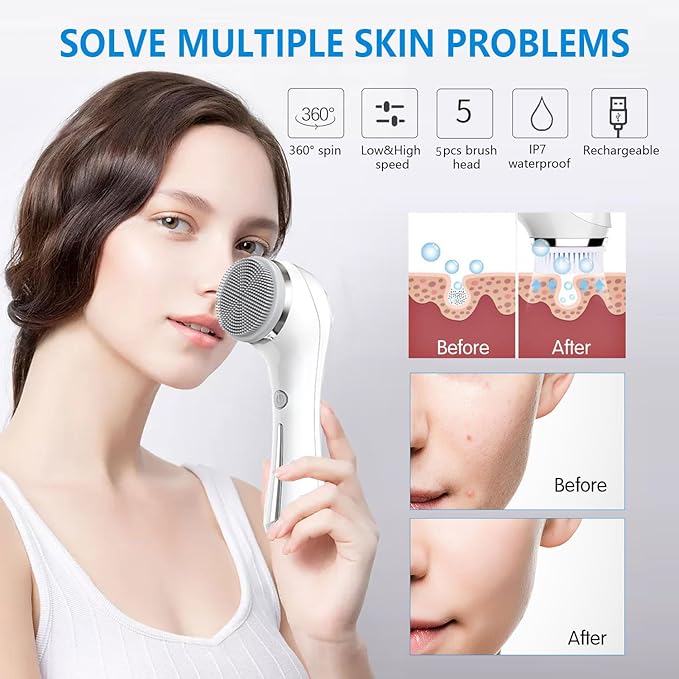 Facial Cleansing Brush, 2 in 1 Ｗaterproof IPx7 Facial Spin Scrubber Set with 4 Brush Heads, Rechargeable Exfoliating Face Brush Deep Cleansing, Gently Exfoliate and Remove Blackhead (White)