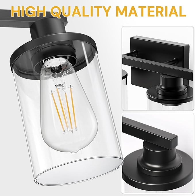 L LOHAS LED 2-Light Bathroom Light Fixtures, Black Vanity Light with Clear Glass Shade, Vanity Lights for Bathroom, Black, ETL Listed