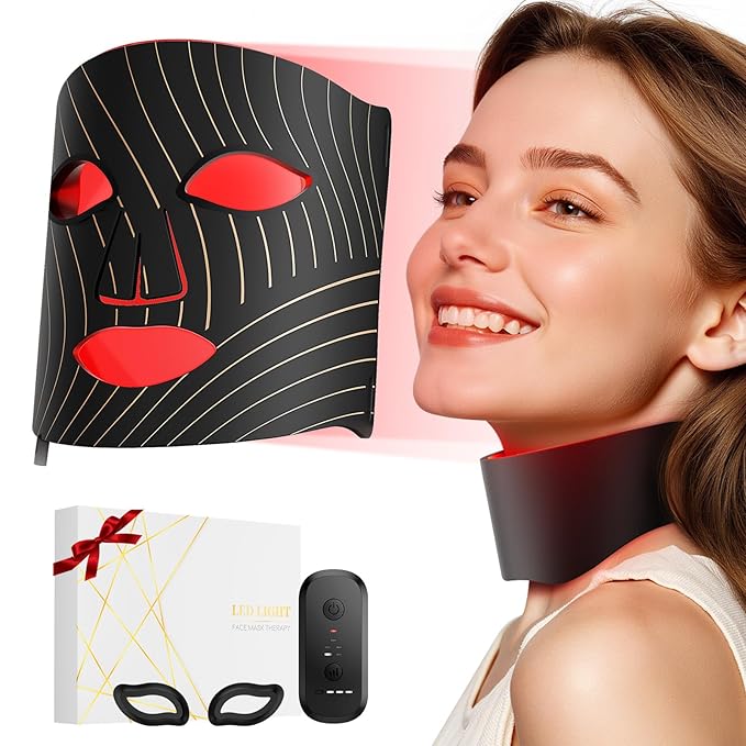 ONLUKY Red Light Therapy for Face,LED Face Mask Light Therapy with Neck Device,103 3-in-1 Light Beads,Remoter Rechargeable,Timing Function,Infrared Red Light Therapy Mask for Home (Maroon)