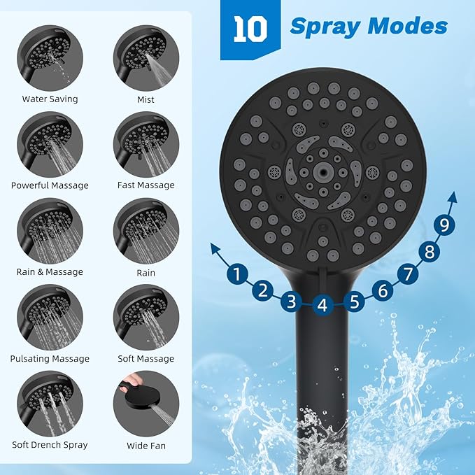 Hibbent cUPC Certified All Metal 8" Rainfall Showerhead Combo, High Pressure Shower Head with 10-Spray Handheld, Innovative 4-way Diverter with Pause Mode, 71'' Shower Hose & Holder, Matte Black