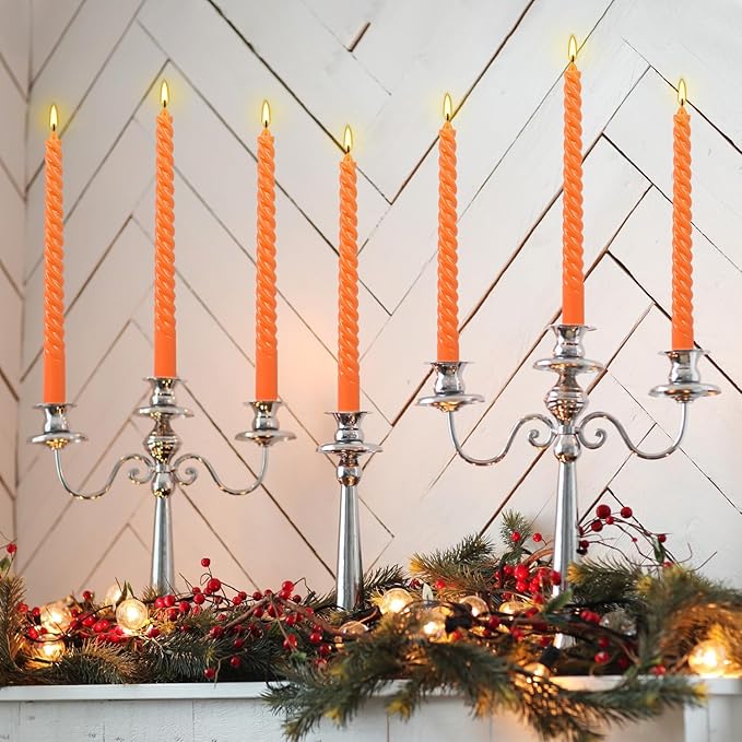 WPONSZU 12 Pack 10 Inch Spiral Taper Candle Set, Unscented Dripless Candlesticks for Dinner,Party Brithday Wedding,Halloween and Home Decoration（Orange ）