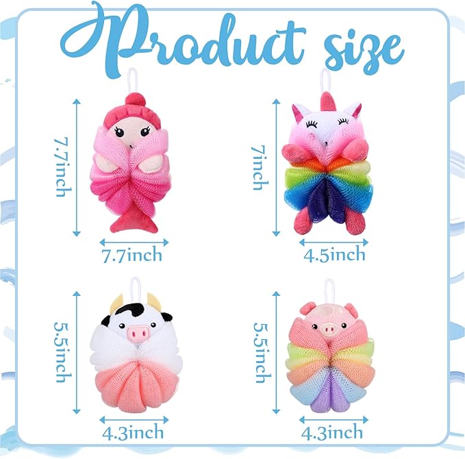 Tatuo 4 Pcs Animal Bath Loofahs Kids Body Loofah Cartoon Shower Cute Bath Sponge Pouf Body Scrubbers Mesh Sponge for Toddler Children Boys Girls Shower Baby Washing Exfoliating (Cute Girls)
