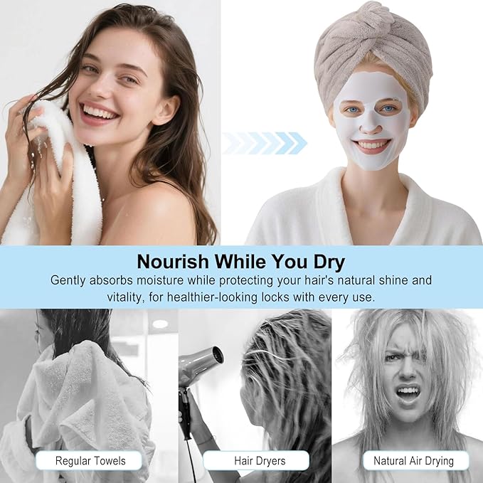 Microfiber Hair Drying Towel Wrap for Women, Hair Turbans Towel for Wet Hair,turbie Twist Hair Towels(The Color of the Picture is for Reference only) (Gray,Brown)