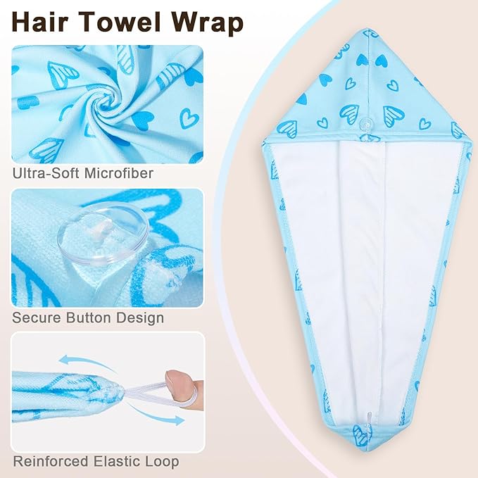 Unicorn Castle Microfiber Hair Towel for Kids 2Pack Hair Wrap Towels Absorbent Hair Drying Towel Wrap Hair Turbans for Curly Thick Hair,Pink Blue Heart