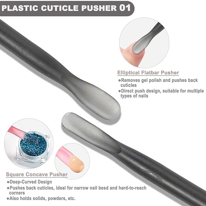 2Pcs Plastic Cuticle Pusher, Dual-end Dead Skin Nail Pusher, Gentle Plastic Pusher, Gel Polish Remover Tool, Manicure and Pedicure Tool, Black