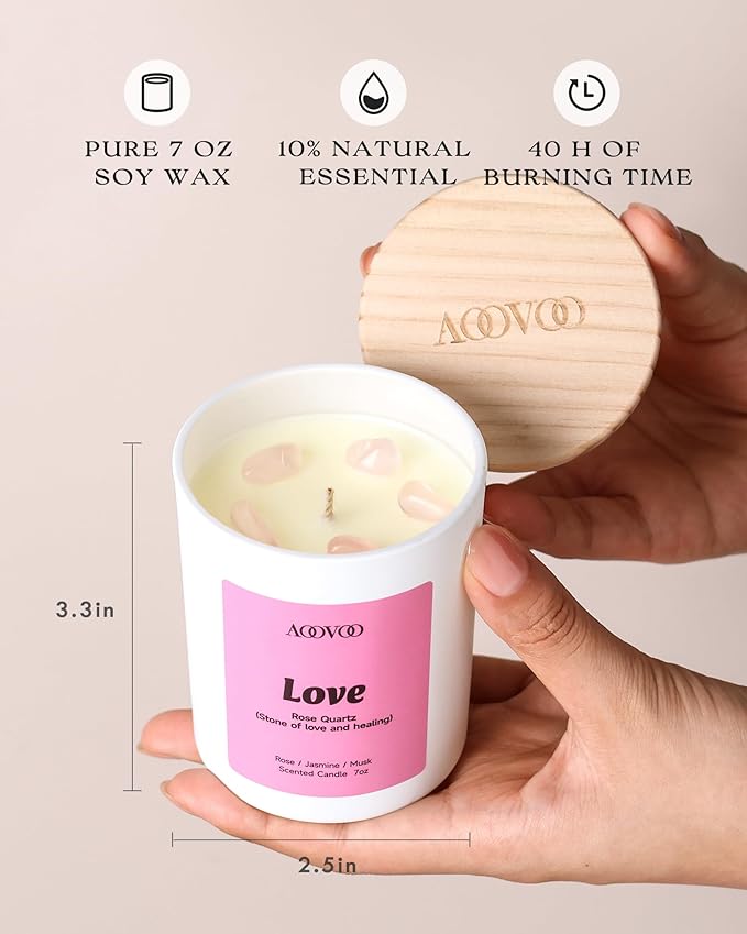 AOOVOO Mothers Day Candles Set for Mom - 4 Pack Candles for Home Scented, Aromatherapy Candle with Crystals, Gratitude Rhodonite/Appreciation Clear Quartz/Blessing Aventurine/Love Rose Quartz