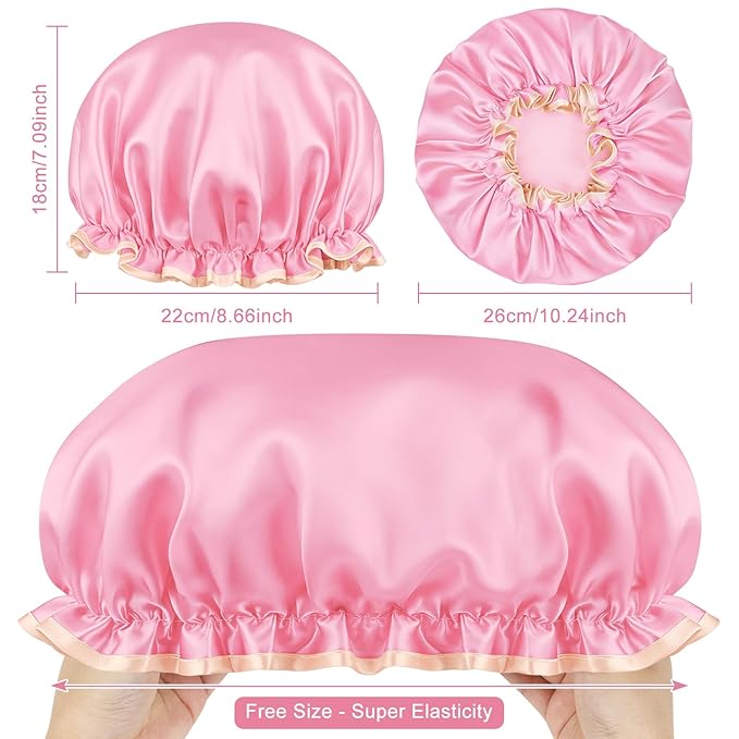 Waterproof Shower Caps for Women, Solid Color Dual-Layer Elastic Band Design Bath Hair Hat, Protects Hair In Shower, Spa, Cooking, Clean & Travel (Pink)