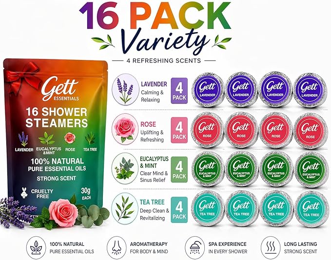 GETT Shower Steamers Aromatherapy 16 Pack – Strong Scent, Long Lasting Shower Tablets – Lavender, Eucalyptus, Rose, Tea Tree – Stress Relief & Sinus Relief – Home Spa Gifts for Women, Mother’s Day