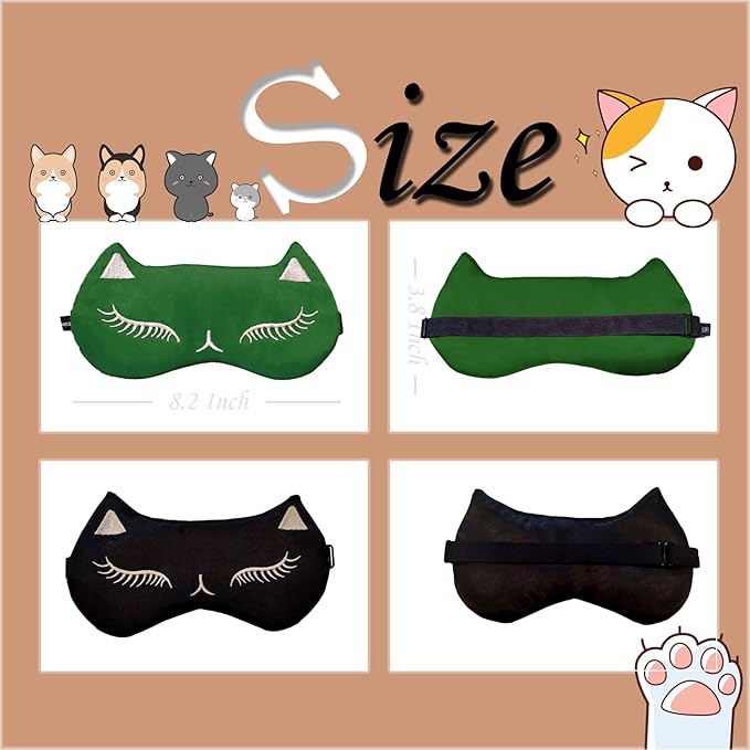 Cute Cat Sleep Mask for Kids (Green&Black), 2 Pack Silk Sleeping Eye Cover Adjustable Mask Night Eyeshade Cover for Girls Boys Women Men Sleep Travel Party…