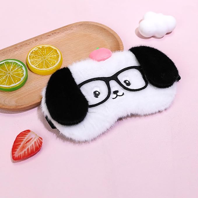 PERFECTSIGHT Sleep Eye Masks, Cute Plush Sleep Eye Cover Lightweight Adjustable Eyeshade Faux Fur Mask Cover for Women Men Sleep Travel Nap, Glasses Puppy